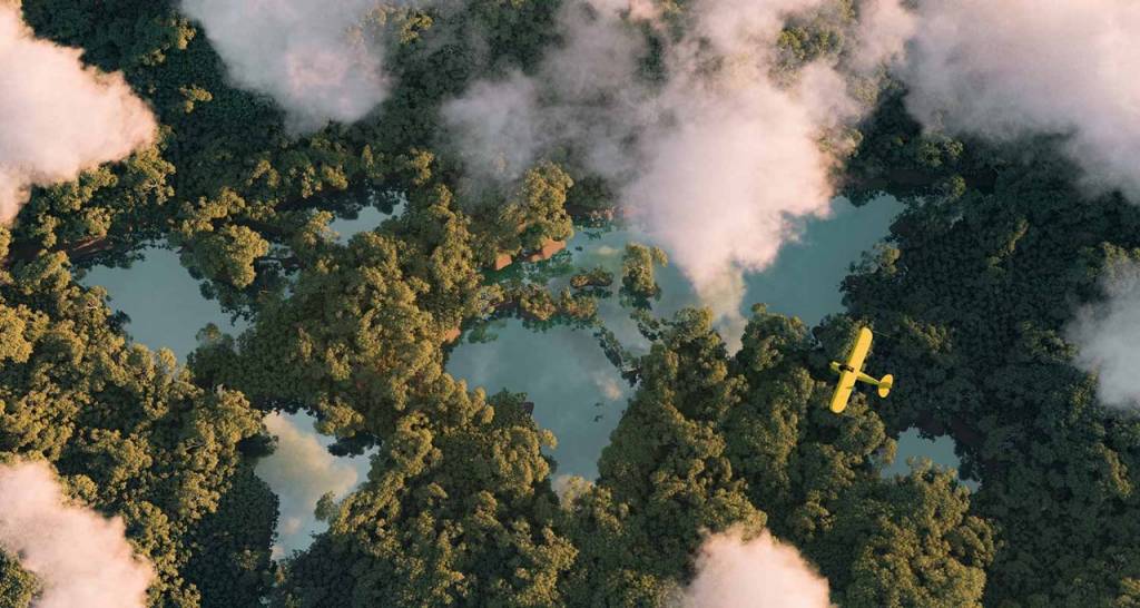 A plane flying over a forest