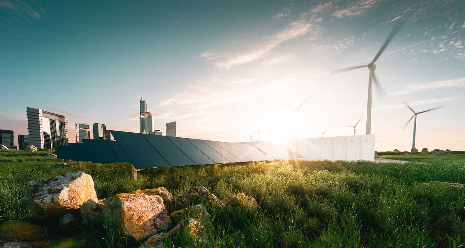 View of city and wind turbines