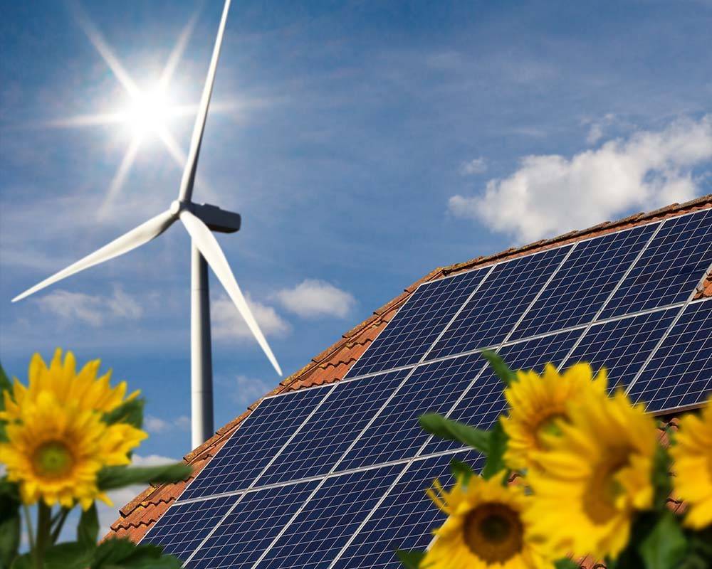 Image of solar panels and wind turbines