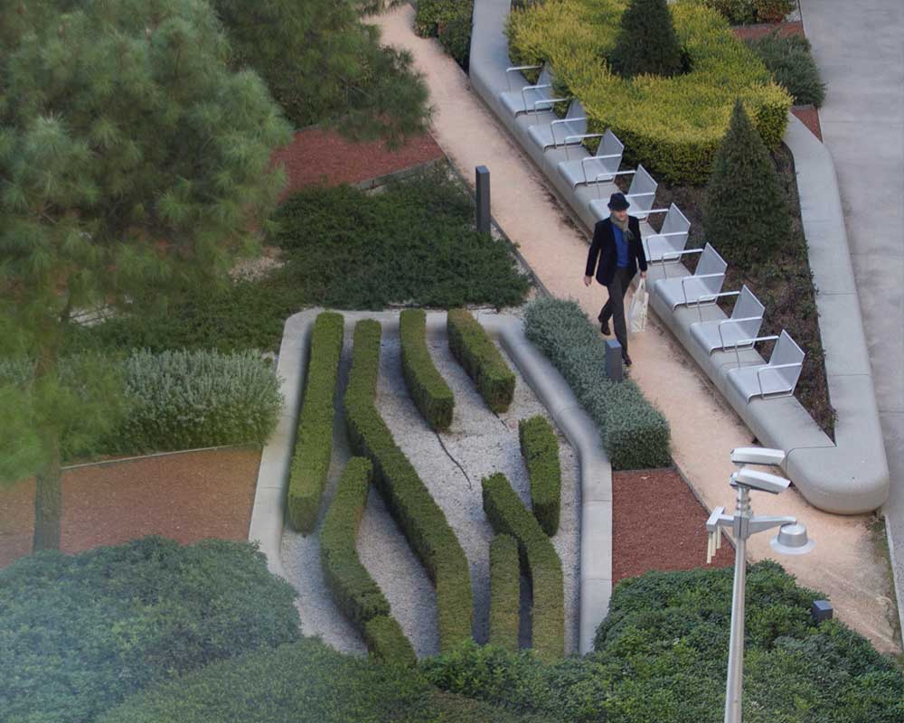 Man strolling through the gardens of the Repsol Campus